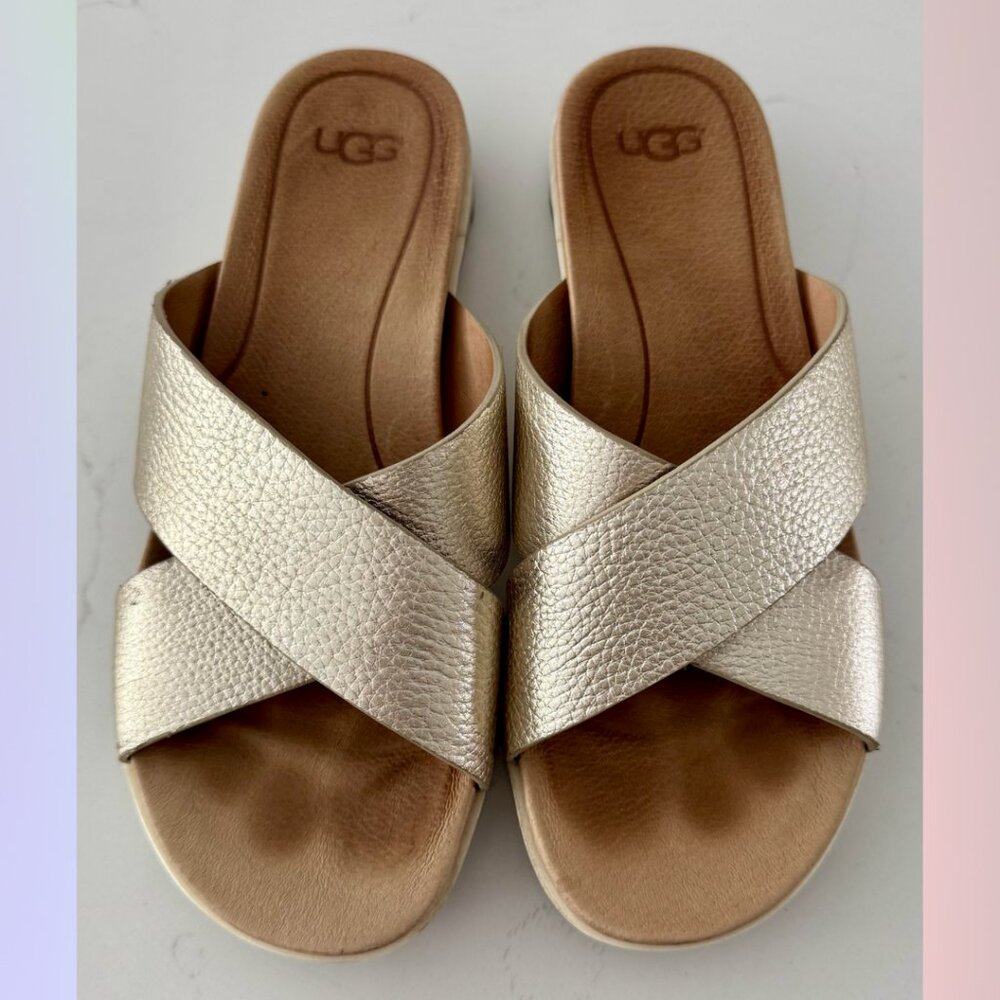 UGG Metallic Gold & Tan Crossover Sandals – Size 7.5